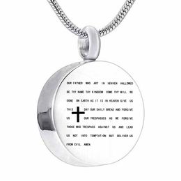 Stainless Steel Bible Lords Prayer Cross Urn Pendant Necklace Silver Round Cremation Jewelry with Fill Kit