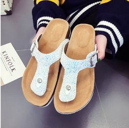 Hot Sale- New Summer women Beach Cork Slippers Casual Sandals Sequins Slides Double Buckle Clogs Women Slip on Flip Flops Flats Shoe