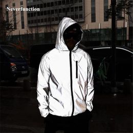 Plus Size 4XL Men Spring Autumn full reflective Windbreaker waterproof Jacket male High street hip hop Loose Hooded Coats S191019