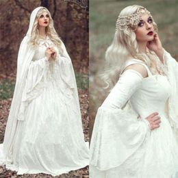2020 New Celtic Gothic Wedding Dresses for Duchess Scoop Neck Bell Long Sleeves Ivory Lace Victoria Bridal Wedding Gowns with Cloak