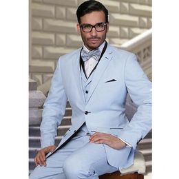 Fashion Light Blue Groom Tuxedos Notch Lapel Men Wedding Tuxedos Men Jacket Blazer Excellent 3 Piece Suit(Jacket+Pants+Tie+Vest) 1662