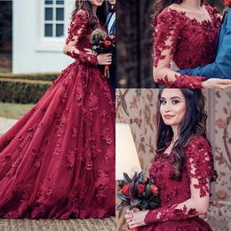 Setwell Burgundy Jewel Sheer Neck A-line Prom Dresses Long Sleeves Beaded Pleated Lace Appliques Flowers Party Evening Gowns