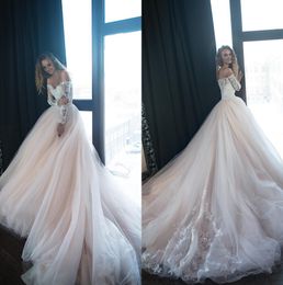 Pale Pink Long Sleeves Lace A Line Wedding Dresses Off The Shoulder Tulle Applique Sweep Train Wedding Bridal Gowns robe de mariee334N