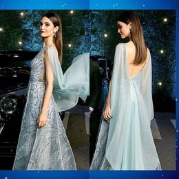 2020 Bluish A Line Evening Dresses Satin With Applique Prom Dress Backless Floor Sweep Party Gowns