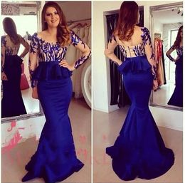 Sexy Royal Blue Evening Dresses Sheer Neck Long Formal Prom Gowns 2017 Occasion Dresses Mermaid Jewel Long Sleeve Peplum Party Celebrity 547