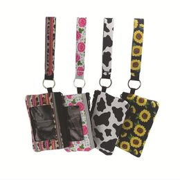 Sunflower Leopard Cow Flower printed ID Card Holder Multi Function Diving material Passport Cover key chain Coin Wallet T9I00304