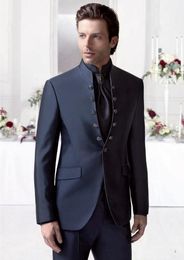 Fashion Navy Blue Groom Tuxedos Mandarin Lapel Groomsmen Mens Wedding Dress Excellent Man Jacket Blazer 3 Piece Suit(Jacket+Pants+Vest+Tie)8