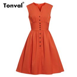 Tonval ferrugem laranja único breasted cintura alta vestido plissado mulheres camisa de verão estilo v neck vestidos vintage casuais