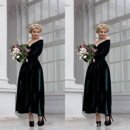 Cheap Simple Dark Green Velvet A Line Prom Dresses Off Shoulder Ankle Length Long Sleeves Split Formal Dress Evening Gowns Party Gowns