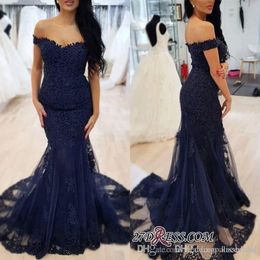 Navy Blue New Mermaid Prom Dresses Off The Shoulder Beaded Zipper Lace Formal Long Evening Gowns Tail Party Dress Red Carpet Gown 0420