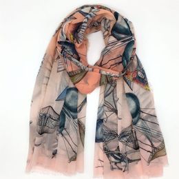 Wholesale- new good quality 100% cashmere material thin and soft print bird ship pattern long scarves for women big size 190cm * 100cm