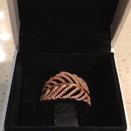 18K Rose gold Feather RING LOGO Original Box for Pandora 925 Silver Engagement Jewellery CZ Diamond Crystal Rings for Women Girls192d