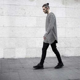 Men t shirts tyga hip hop swag striped long sleeve t shirt extended men oversized tee shirt homme t shirt men