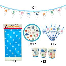 38Pcs for 12kids Sea Life Sea World Marine Animal Theme Birthday Party Supplies Tableware Set Plate Straw Cup Tablecover Banner