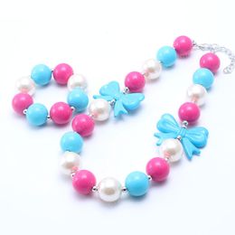 Blue+Hot Pink Kid Chunky Necklace Jewelry Set Cute Bow Bubblegum Beads Chunky Necklace/Bracelet For Girl Children