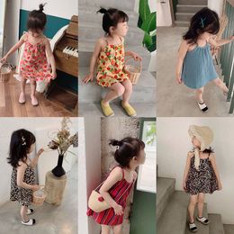 Baby Girls Floral Leopard Sling Dress Children Suspender Cotton Princess Dresses Fashion Summer Boutique Kids Clothing 5 Colours M1454