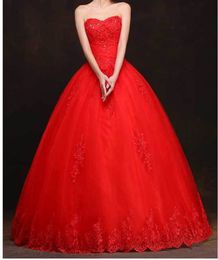 Elegant Red Ball Gown Wedding Dress Floor Length Bridal Gowns Pleats Tulle Organza Floral Applique with Beads Wedding Dress Cheap