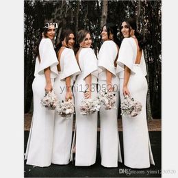 White Mermaid Bridesmaid Dresses Deep V Neck Back Split 1/2 Sleeve Satin Country Style Arabic Wedding Guest Gowns Maid of Honour Dress