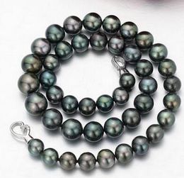 Awesome Free Shipping 10-11mm black green pearl necklace 18 inch 925 s