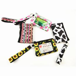 Neoprene Card Pocket with Collapsible Keychain Key Ring Wristlet Wallet Zipper Card Pouch Zippered Printed Neoprene Cash ID Card Coin Holder