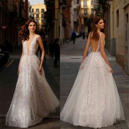 boho wedding dresses sexy high vneck sleeveless appliqued lace tulle sequins wedding gown backless sweep train elegant bridal gown