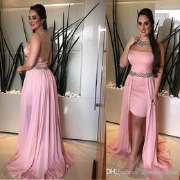 African Pink Nigerian Short Prom Jewel Neck Beaded Sheer Formal Dresses With Detachable Train See Through Evening Gowns