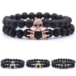 Micro-Inlay Copper Zirconia Crown Skull Lava Natural Stone Bracelet Beads Bracelets Volcanic Rock Bangle Support FBA Drop Shipping