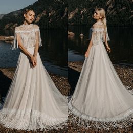 Bohemian Beach Wedding Dresses Jewel Neck Full Tassel Appliqued Bridal Gowns Lace Illusion Boho Sweep Train Wedding Dress