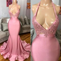 Arrival Sexy New Pink Mermaid Prom Dresses 2020 Halter Beads Appliques Plunging V Neck Formal Evening Dress Party Gowns Ogstuff