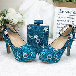 New Designer Blue Crystal Wedding Shoes Platform 4 Inches High Heel Buckle Straps Party Prom Shoes with Matching Purse