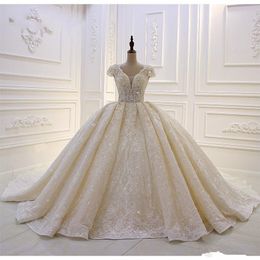 Luxury 2020 Lace Ball Gown Wedding Dresses V Neck Beaded Appliqued Ruffles Country Bridal Gowns Cap Sleeve Vintage Plus Size robes de soiree