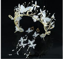 New Korean Sen bride white yarn wedding headband white butterfly tiara flower studio hair accessories earrings set