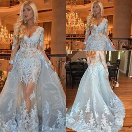 New Sexy Light Sky Blue Evening Dresses Wear Mermaid V Neck Lace Appliques Beaded Overskirts Illusion Pageant Formal Party Dress Prom Gowns