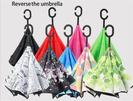 Newest Windproof Reverse Umbrella Folding Double Layer Inverted Rain Umbrella Self Stand Inside Out Rain Protection C-Hook Hands dc591