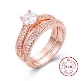 Fine Jewelry Solitaire Wedding Ring for Women Love Forever 925 Silver Rose Gold Color CZ anillos mujer Stacking Rings Set