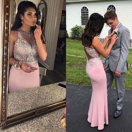 Fashion Jewel Neck Sleeveless Long Prom Dresses Open Back Applique Beads Satin Pink Mermaid Evening Gowns