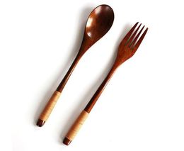 2Pcs Wooden Spoon Fork Set Portable Cutlery Set Wood Spoon Salad Fork Japanese Style Dinnerware Set Wooden Utensils Tableware SN3668