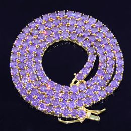 New Women's Purple Zircon Tennis Chain Ice Out 4mm Stone Gold Silver Women's Necklace One Row Rock Street Hip Hop Jewellery