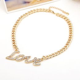 Wholesale- luxury designer exaggerated metal chain diamond rhinestone letter LOVE pendant sweater choker statement necklace for women