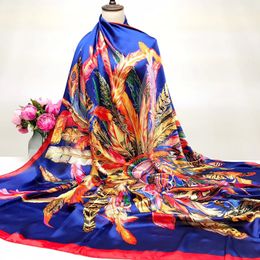 Square Satin Silk Scarf Women Fashion Summer Beach Shawl Designer Feather Print Scarves Bandana 90*90cm 5 Colours