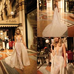 2020 Berta Luxury Mermaid Wedding Dresses With Train Deep V Neck Beading Lace Wedding Gowns Sweep Train Vestidos De Novia