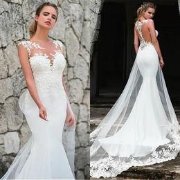 Abiti da sirene senza maniche alla moda con appliques in pizzo spazzare treno overskirt abito da sposa illusione del collo gioiello illusione posteriore