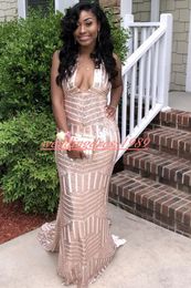 Sexy African Sequined Mermaid Prom Dresses Juniors Bling V-Neck Plus Size Long Party Evening Gowns Formal Black Girl Robe de soirée
