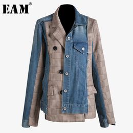 [eam] 2019 New Autumn Winter Lapel Long Sleeve Blue Denim Plaid Split Joint Irregular Loose Jacket Women Coat Fashion Tide Jt888 Y190827