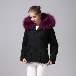 Beauitful Meifeng brand purple raccoon fur trim purple fox fur lined black mini jackets snow parka women coats with ykk zipper