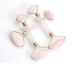 Hot Natural Tumbled Chakra Rose Quartz Carved Reiki Crystal Healing Gua Sha Beauty Roller Facial Massor Stick with Alloy Gold-Plated