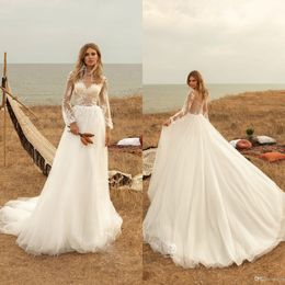 a line beach wedding dresses lace appliqued long sleeve bridal gown boho bohemian tulle wedding dress robes de marie