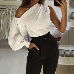 Плюс размер моды женщины с длинным рукавом рубашки холодные плечо леди твердые блузки офис повседневная свободная верхняя часть элегантных блуз