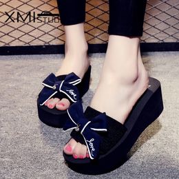 XMISTUO Summer Women's Wedges Sandals Slippers with Bow Slides Outside 7.2cm High Heels Beach Female Slippers 4 Colour 7140W
