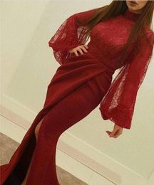 Vestido Saudi Arabic Dubai 2018 high neck Red Prom Evening Dress Crew Neck Long Sleeve Lace Side Split Party Gown Formal Evening Gown